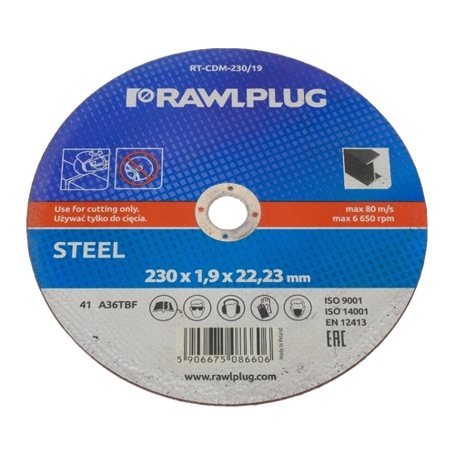 Круги отрезные корундовые для резки нержавеющей стали RAWLPLUG Ø230 мм, толщина 1,9 мм RT-CDIR-230/19