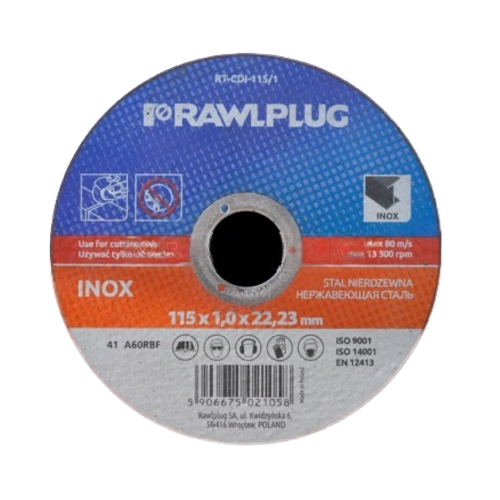 Круги отрезные корундовые для резки нержавеющей стали RAWLPLUG Ø115 мм, толщина 1,0 мм RT-CDIR-115/1